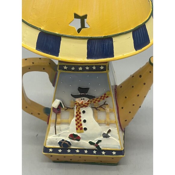 Christmas holiday teapot tealight candle holder snowman stars movable shade READ - Picture 2 of 12